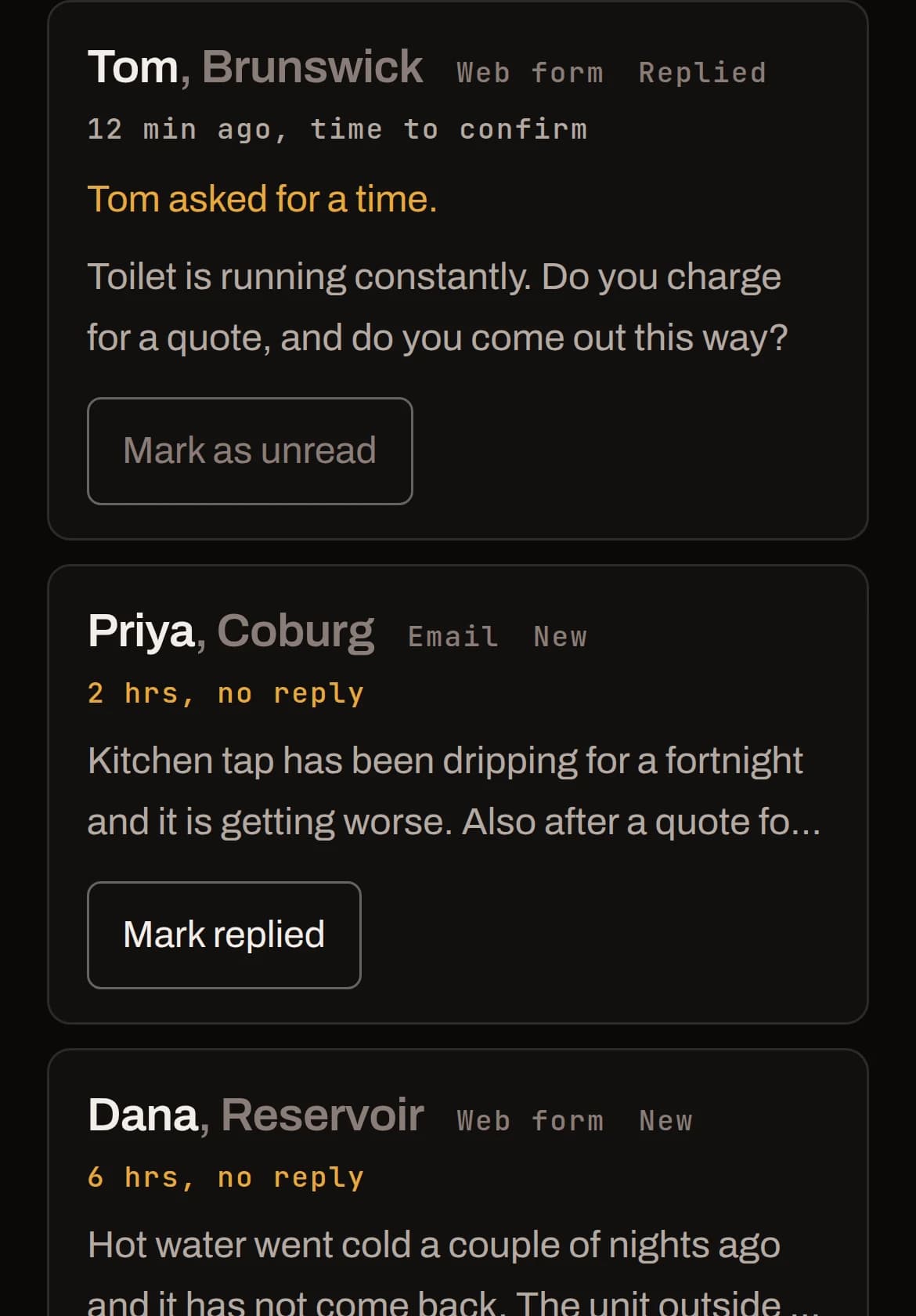 Three enquiries in one list, each showing how long it has been waiting and whether anyone has replied