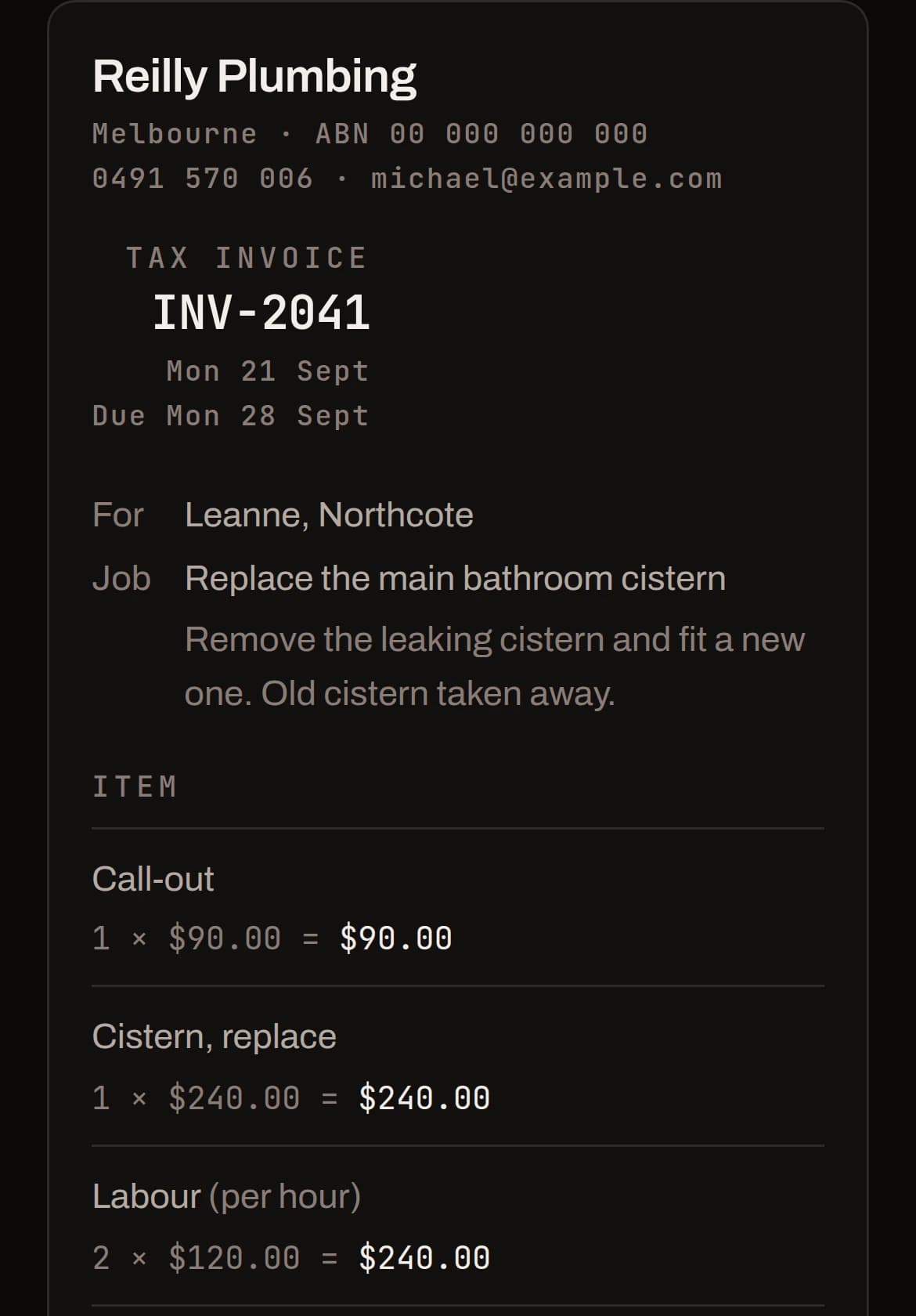 An invoice carrying the same lines as the quote it came from, with a due date and bank details