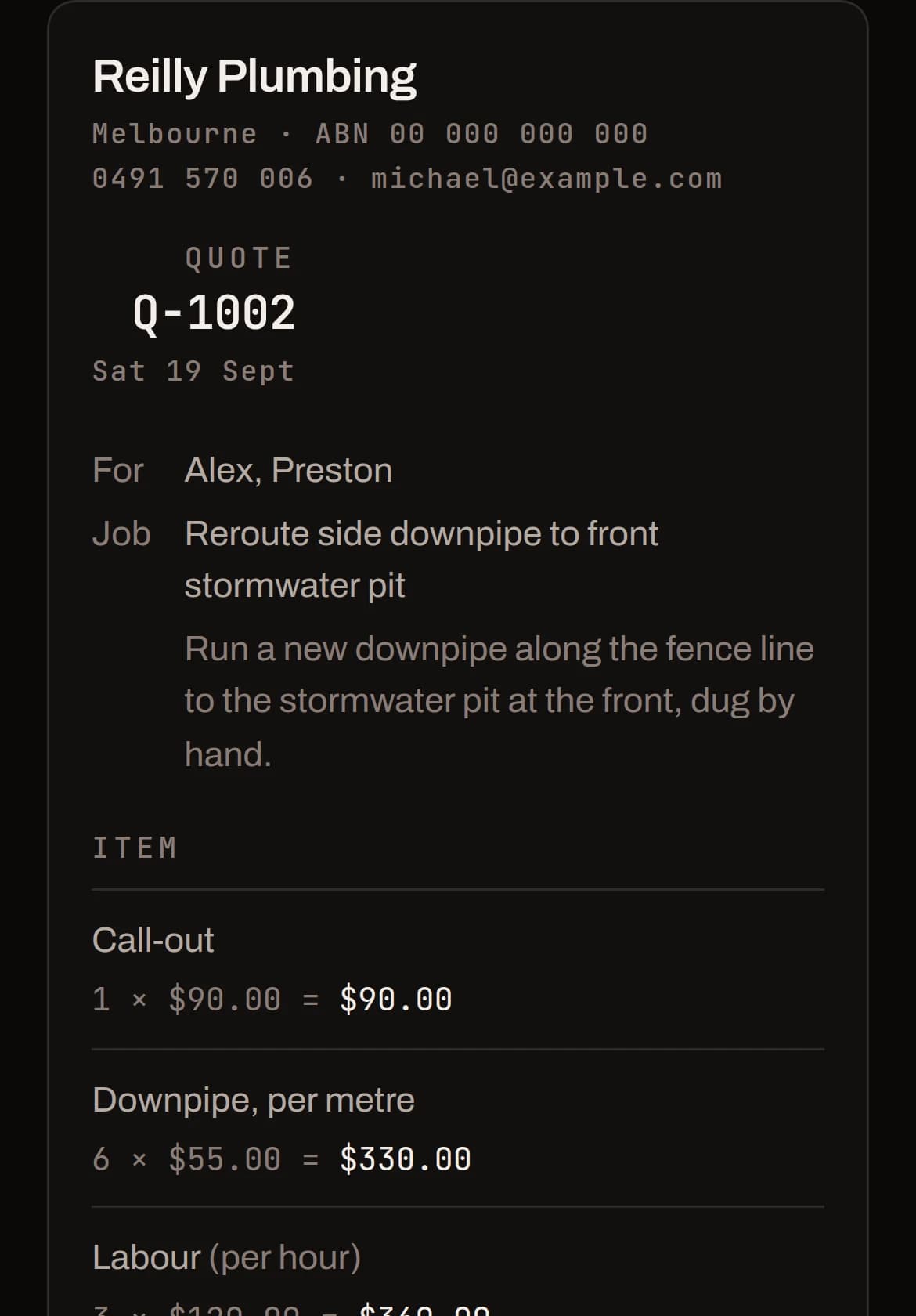 A quote on a letterhead with the job described, four priced lines, and the total underneath